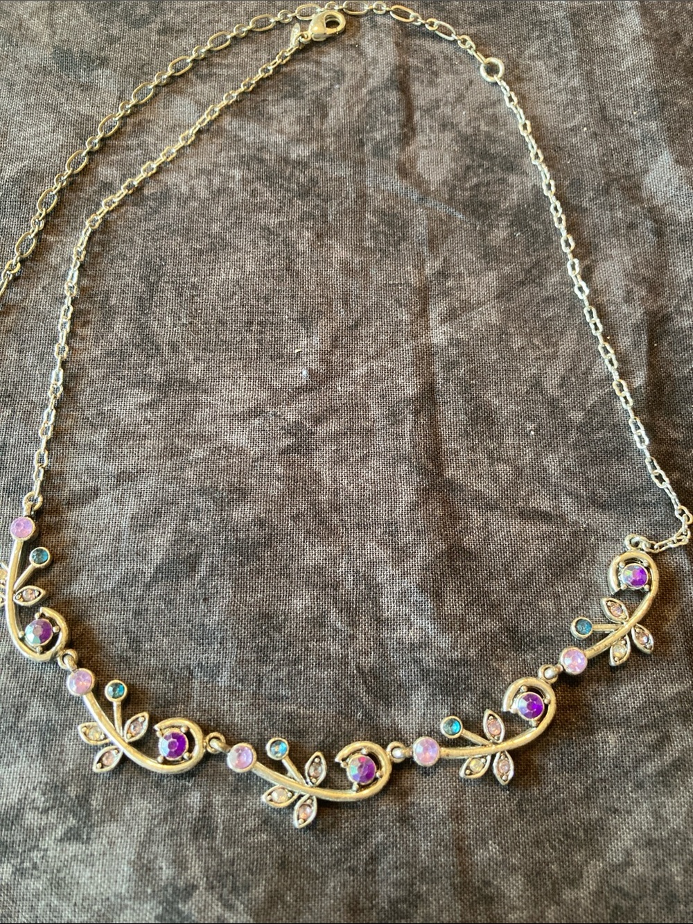Silver Tone Floral Vine Necklace with Purple, Pink and Blue Accents